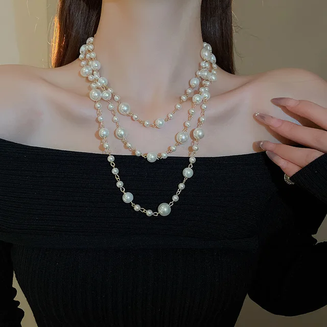 Stacked style artificial pearl bead French collarbone chain light luxury high-end sweater chain necklace for women