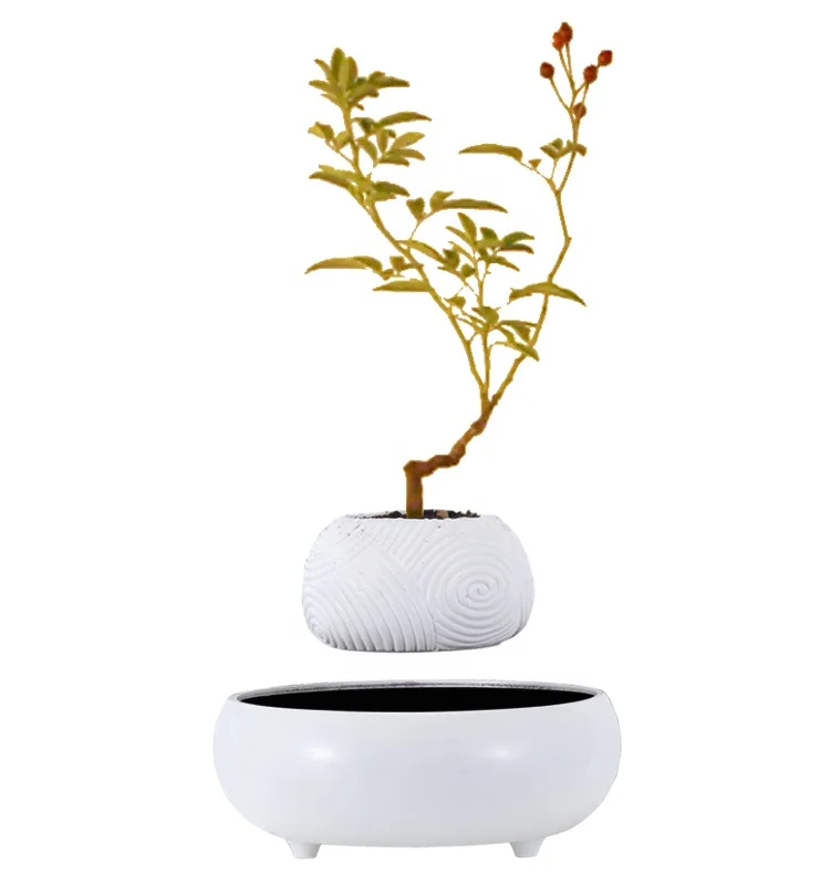 Nordic Unique Handmade White Ceramic-like Smart Decor Resin Garden Magnetic Floating Levitating Flower Pot Bonsai Pot