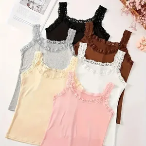 Customizable Women's Casual Solid Color Lace Trim Tank Top Soft & Breathable Fabric