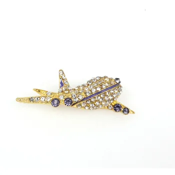 Purple Crystal Aircraft Lapel Pin Airplane Hostess Rhinestone Brooch Pins Gold Tone Enamel for Gifts Parties Weddings Made Alloy