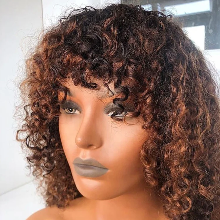 Cuticle Aligned 1B/30 Brown Kinky Curly Peruvian Human Hair Lace Frontal Wigs With Bang - Image 3