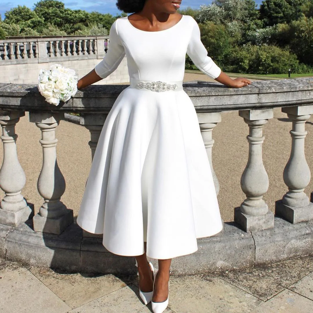 2025 Spring Women's Round Neck Three Quarter Sleeve Dress Slim Evening  Solid Color Casual Midi Dress| Alibaba.com