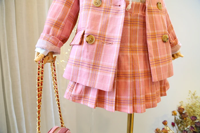 Classy Casual School Style 2025 Spring Autumn Kids Two Piece Pink Plaid Pleated Skirt Set Girls Worsted Fabric