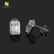 Luxury Halo Design Emerald Cut Stud 925 Sterling Silver Mens Hip Hop VVS Moissanite Earrings