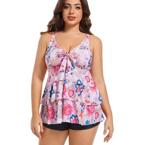 2-Piece Printed Tankinis Set for Women with Push-up Bra and Shorts OEM Service Available Front Logo Position