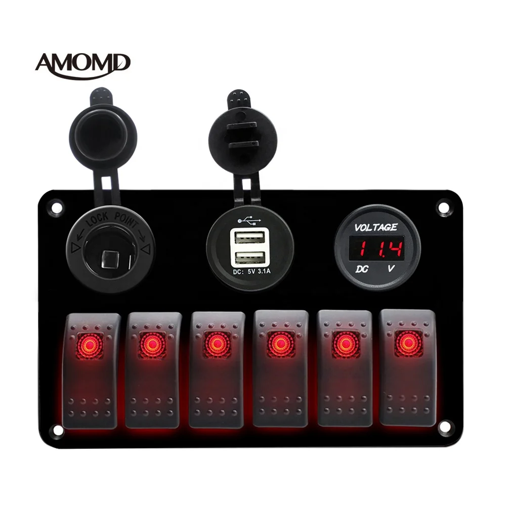 Wholesale DC 12V waterproof Rocker Switch Control Panel 6 Gang with USB Socket Voltmeter Cigarette Lighter Socket