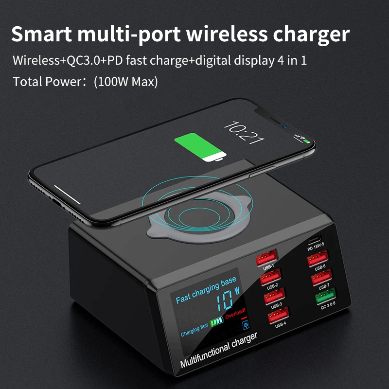 100W 8ポートマルチデバイス充電ステーション PD18W QC3.0 10W