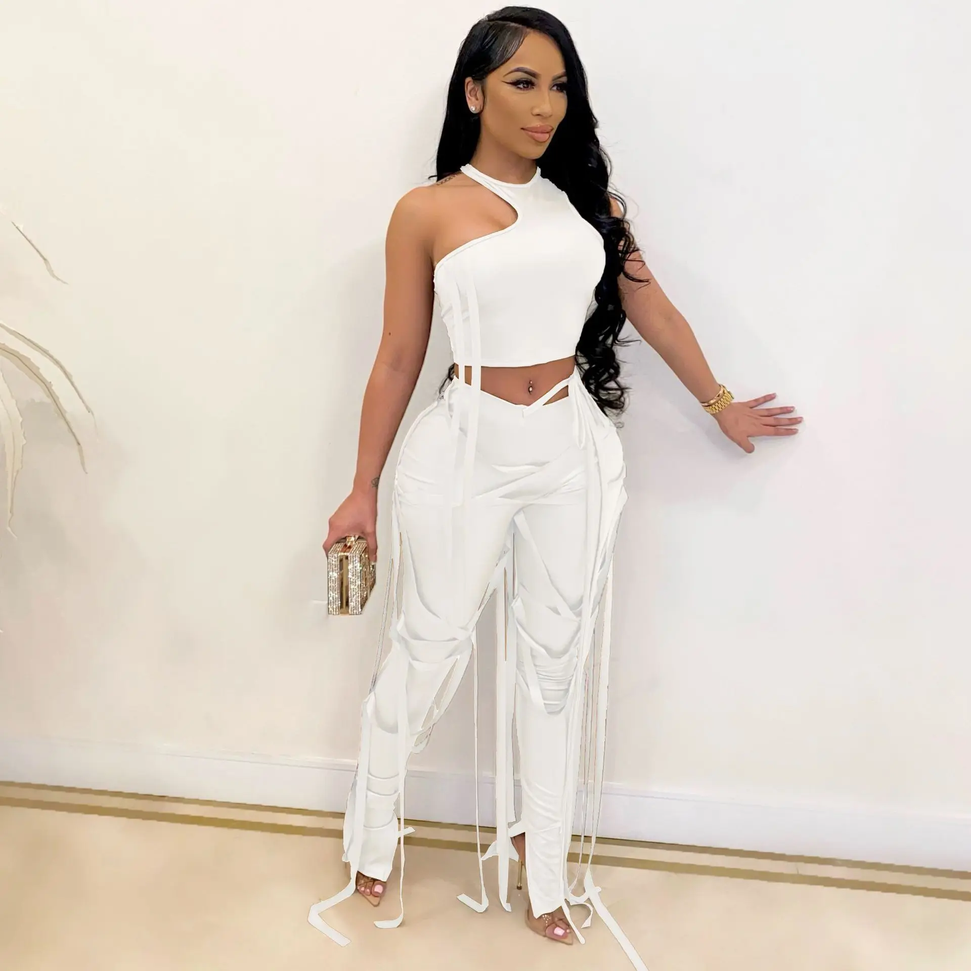 white 2 piece pants set
