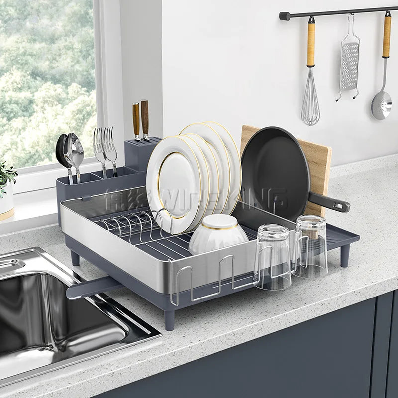 WIREKING Stainless Steel Extendable Dish Drying Rack Cutlery Holder with  Cups Cuttingboard Holder