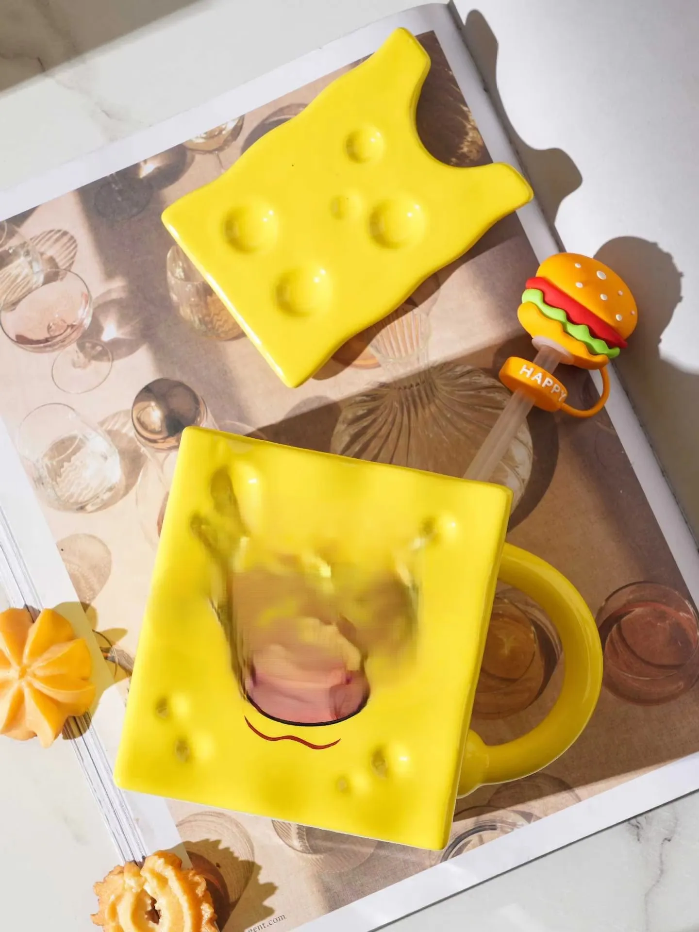 Sponge SquarePants Mug With Lid Creative Ceramic Cup Cartoon Large Capacity Office Ceramic Water Cup