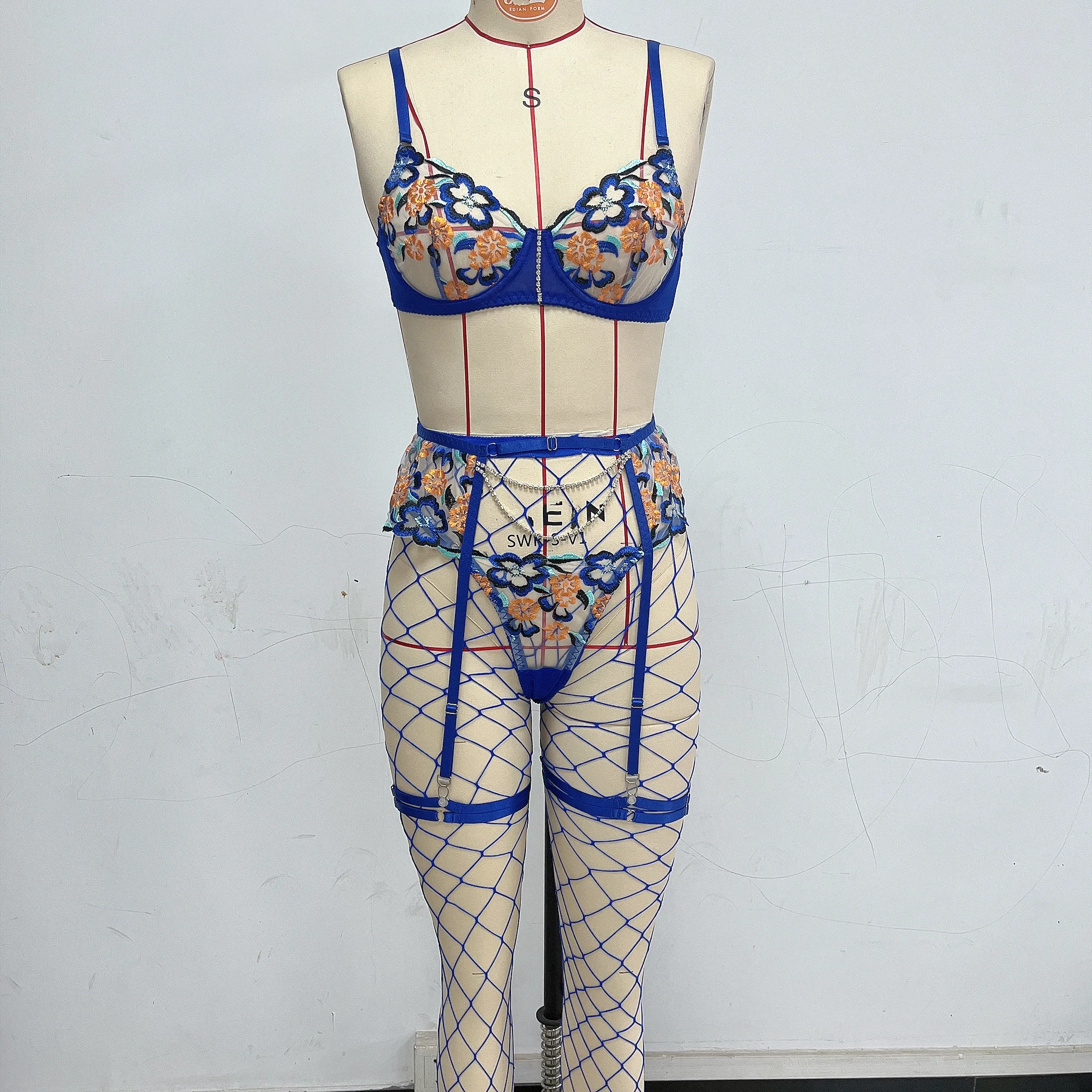 4pcs Dropshipping Blue Women Lingeries Bra And Panty Embroidery