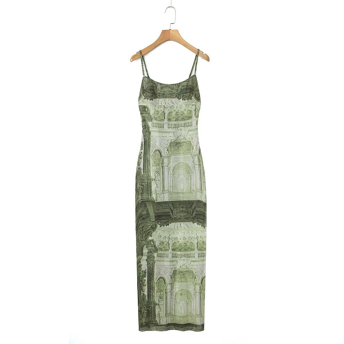 Green Color Print Spaghetti Strap Hot Sale Casual Fashion Long slip Dress for Women