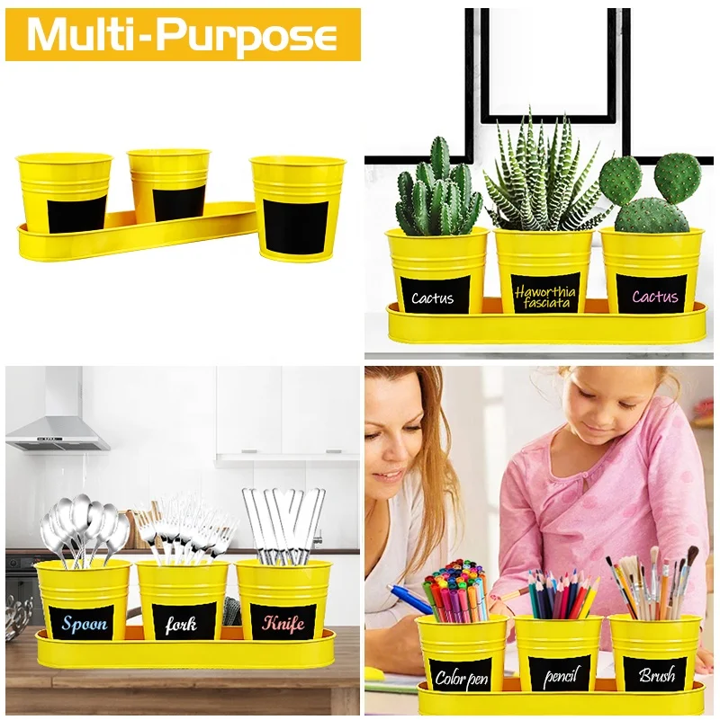 Galvanized Metal Flower Pots & Planters Succulent Herb Plant Bucket Set with Tray and Drain Holes - for Indoor Outdoor Garden