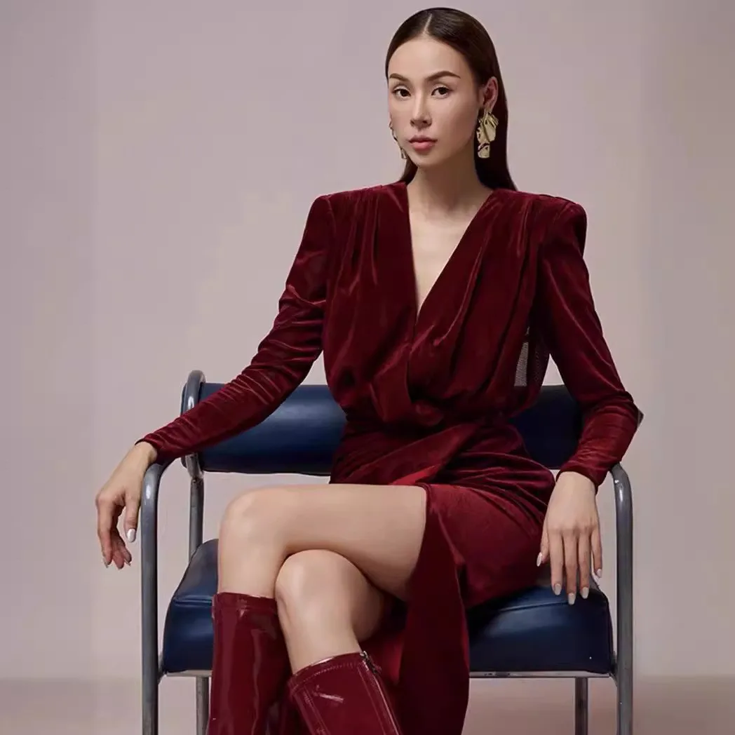 red velvet casual dress Fall Dress Women / Red Velvet Dress / Red Casual Dress / Velvet Dress Long Sleeve / Red Winter Dress METD0204