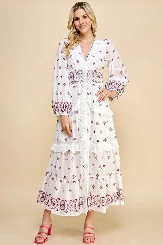 Autumn Long 100% Cotton Dress With Embroidered Lace And Ruffled Edges Natural Waistline Woven Weaving Method - Image 3