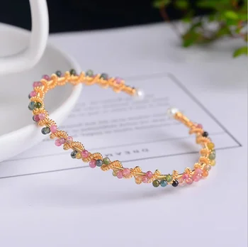 Wholesale Natural Rainbow Tourmaline 14K Gold Wire Woven Natural Pearl Bracelet