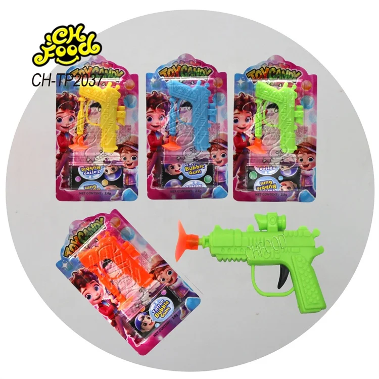 Low MOQ Wholesale 2in1 Fruity Bubble Gum with Small Plastic Toy Gun OEM Chewing Gum with Toy for Children Promotional Candy Toy
