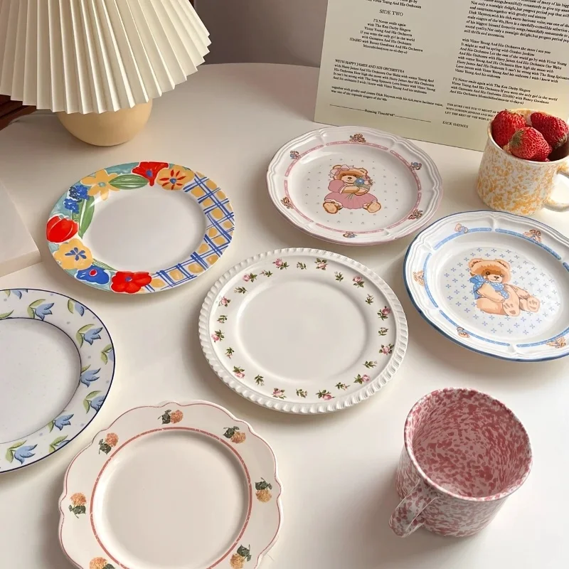 product fenn new retro floral ceramic plate household internet famous dessert plate ceramic fruit salad bowl porcelain dishes tableware-66