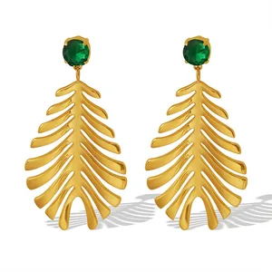 Hot New Unique Stainless Steel Inlaid Zircon Earrings Exaggerated Gold Plated Feather Drop Earrings for Women