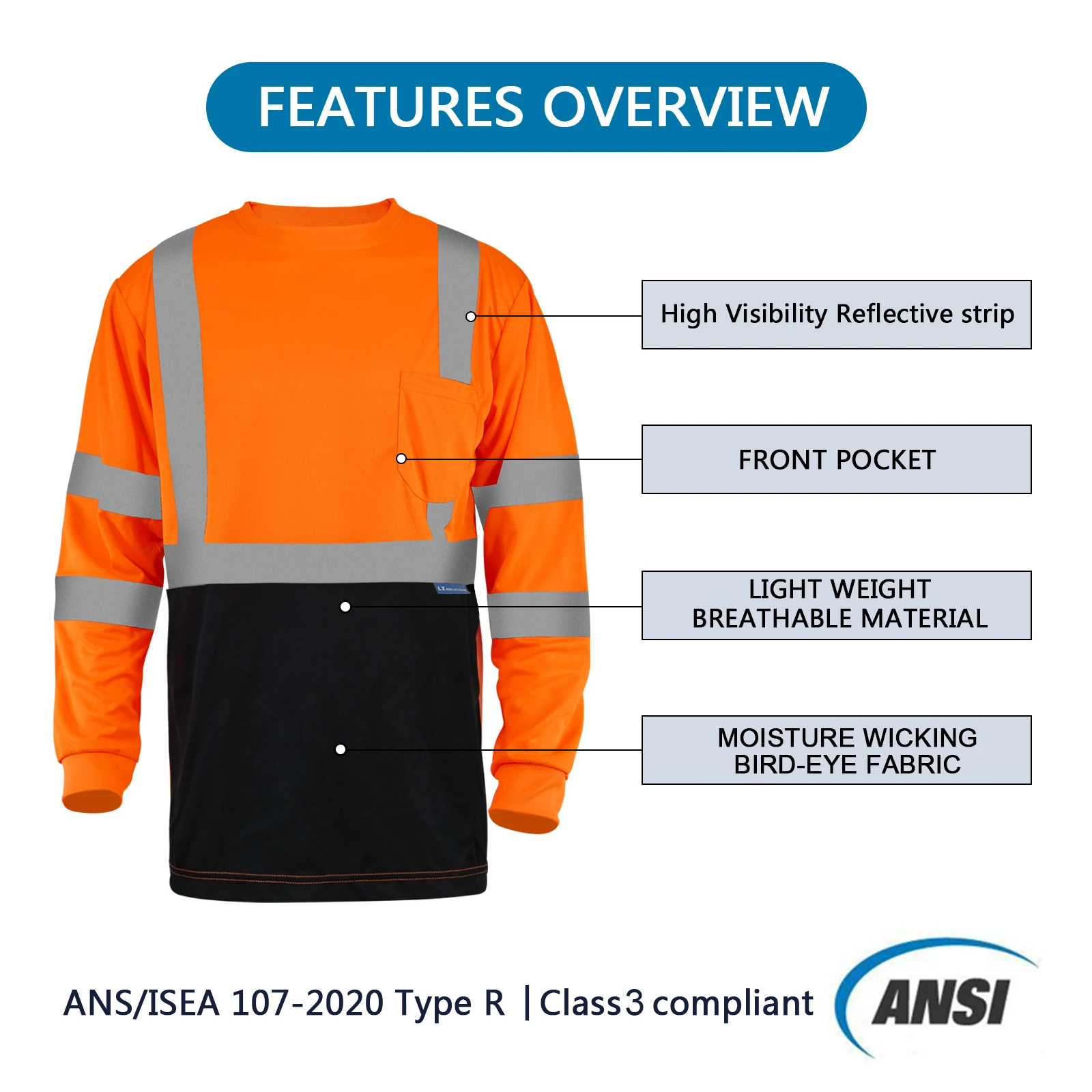 LX Stock Hi Vis Reflective Shirt Orange Black Long Sleeve Safety T Shirt Low MOQ Custom Logo Safety T Shirt for Man