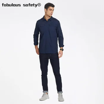 Instock Wholesale Navy Blue Safety Mens Long Sleeve Casual Shirt