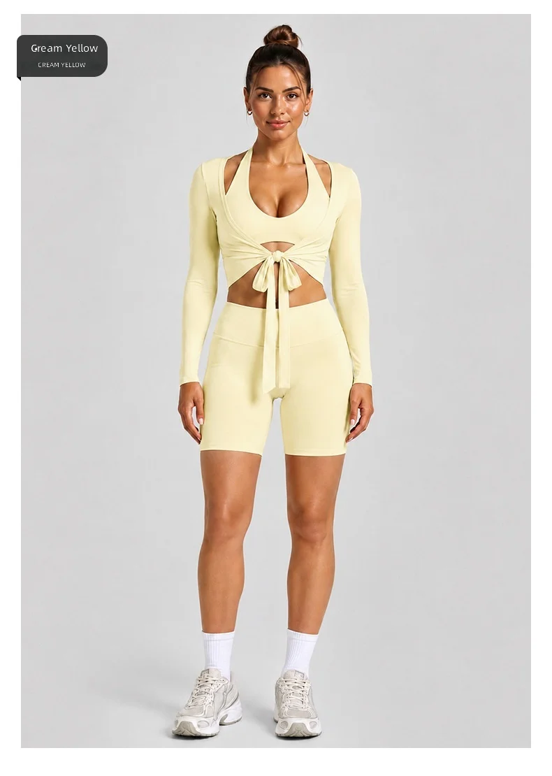 Quick Dry 3 Piece Yoga Set Halter Sports Tank Tie Front Long Sleeve Shrug High Waist Biker Shorts 4 Way Stretch — detail