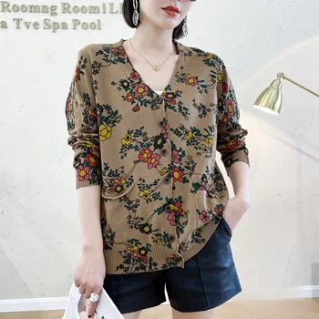 Women's Cardigan Sweater Spring and Autumn Elegant Printing Casual Oversized Loose Placket Button V-Neck Knitted Top Coat