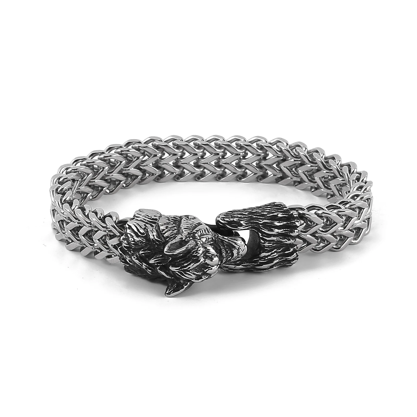 Bracciale Con Doppia Testa Di Lupo Nordico Vichingo In Acciaio Inossidabile Bracciale Da Uomo Con Catena A Maglie Retrò Punk Retrò Con Animali - Foto 6