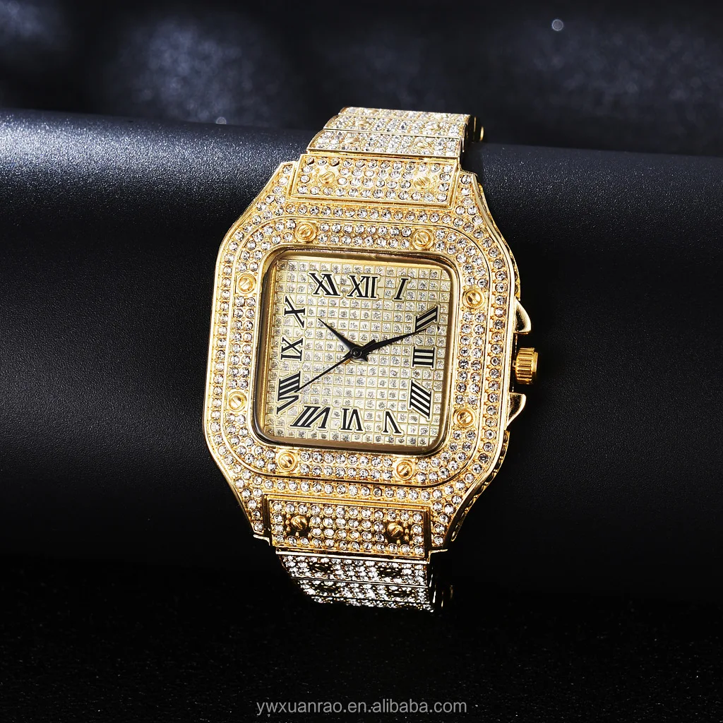 TW9015 Luxury Full Diamond Around Rome Dial Iced out Lady Watch Quartz Steel Square Women Watches Jewelry Accessories