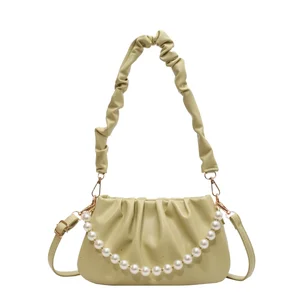 High Quality Summer Elegant Pearl Pleated Women's Shoulder Bag Hobo Bag Chains Decoration Portable Polyester Lining Wholesale