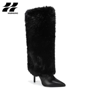Luxurious Women's Knee High Heel Boots Plush Design Pointed Toe Height Increasing Comfortable Solid Pattern for Winter