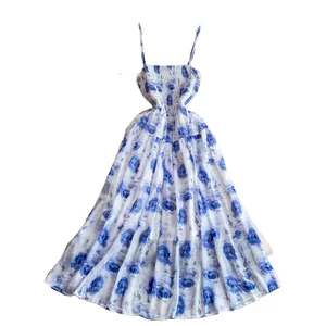 Customize French Romantic Halter Floral Printed Casual Maxi Camisole Dress Summer with Elastic Pleats Elegant Waist Cinching