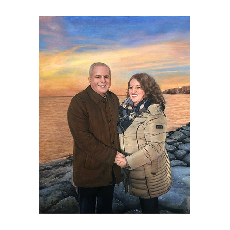 Handmade Realistic Artwork Woman and Man Portrait Couple Painting From Photo