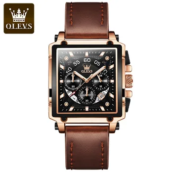 OLEVS-9919 New Luxury Men Quartz Leather Watches Square Shell Horizontal Three Eye Calendar Men Waterproof Wristwatches