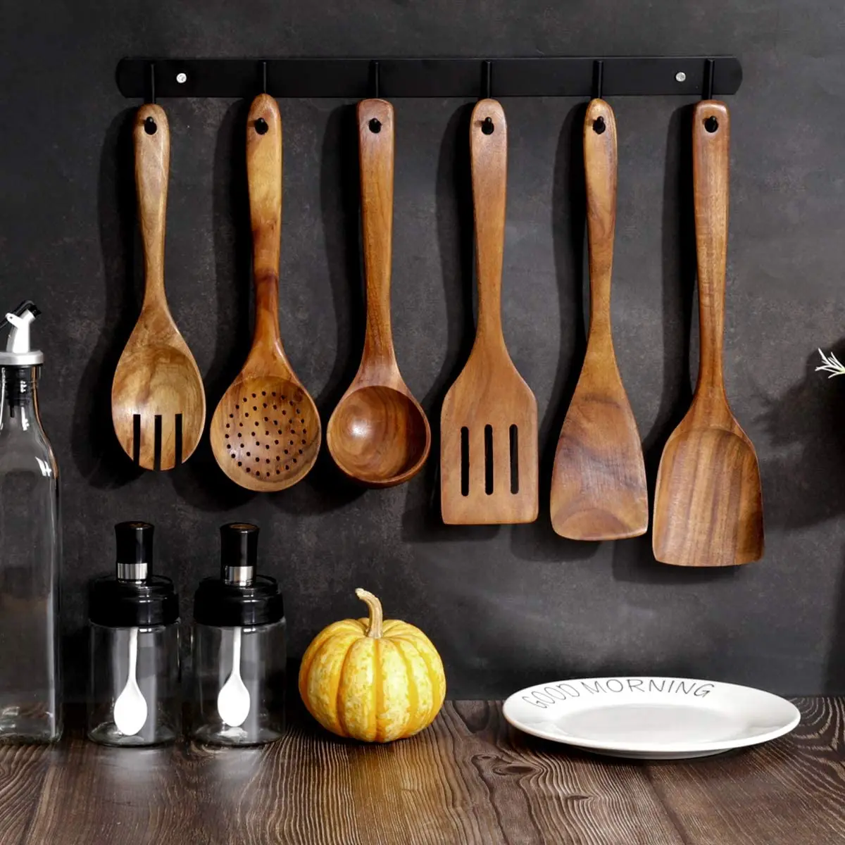 6PCS Wooden Bamboo Spoons Spatula Cooking Kitchen Utensil Set for Cooking 10 Customized Package Wood BROWN Kitchenware 6 Pcs