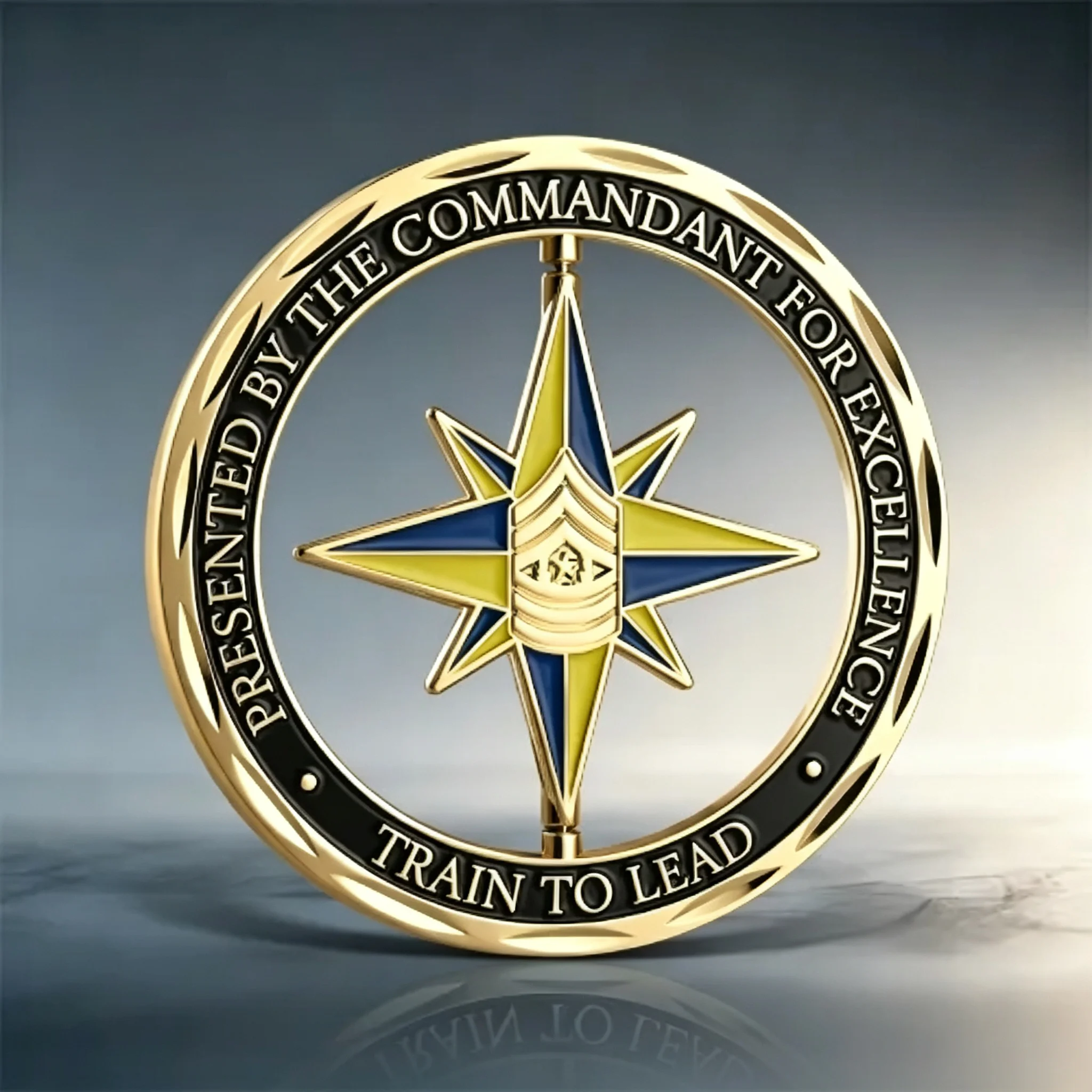 TRAIN TO LEAD gold spinner coin with compass rose