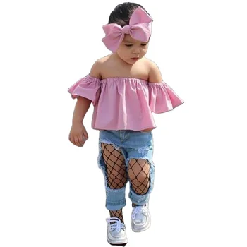 Strapless denim suit hair band low moq children clothing summer baby girl clothes boutique