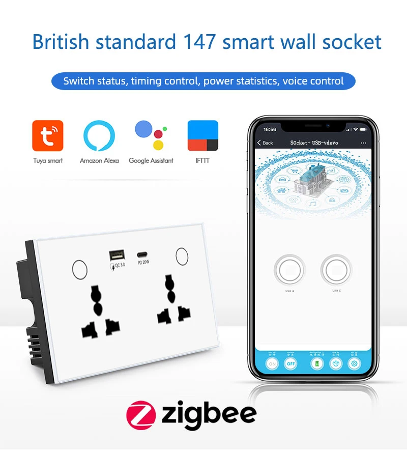 2026 Golden Security Zigbee Double Universal Smart Socket with USB Type C Charger with Tuya Smart Life APP  Alexa and Google