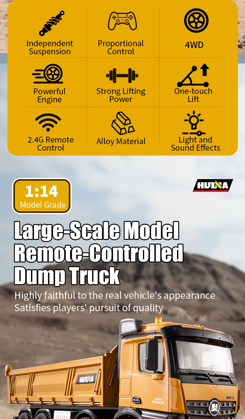 HUINA 1536 RC Car 8-Wheels Heavy-Duty Vehicle 1/14 Large Dump Truck Alloy Engineering Truck Cargo Remote Control Toys Model