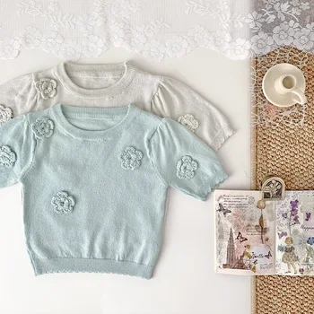 Children's clothing baby girls' short-sleeved summer round neck pullover sweater Cute Crochet flash knitted short-sleeved