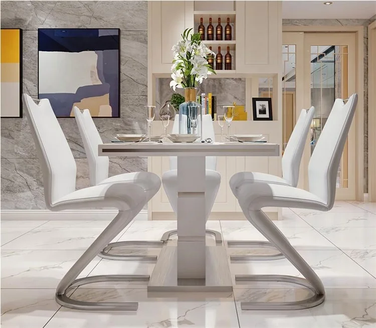 Z Shaped Luxury White Leather High Back Nordic Upholstered Dining Room  Table Set Chairs