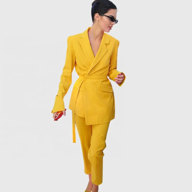 
Женский офисный костюм-Блейзер, элегантный желтый вечерний подиумный брючный костюм знаменитости 