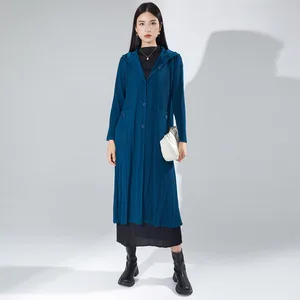 Miyake Pleated Casual Trench Coat Long Hooded Outerwear With Single-Breasted Closure and Pocket Details for Autumn