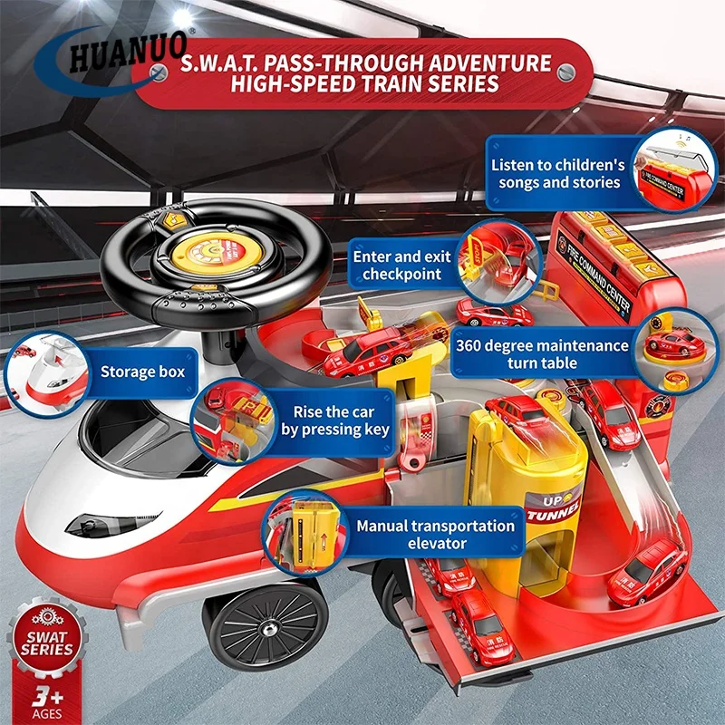 2in1 Electric Rail Train Fire Fighting Car Adventure Track Toys Set Deformation Child Ride on Toy Cars for Kids