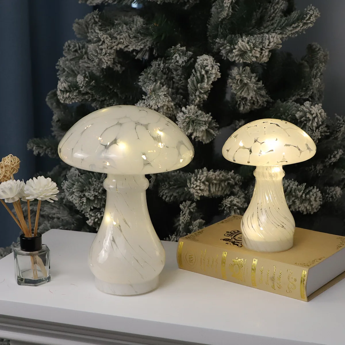 Mushroom lamp battery operated led light translucent white spot design festival home table handmade blown glass lamp decoration details