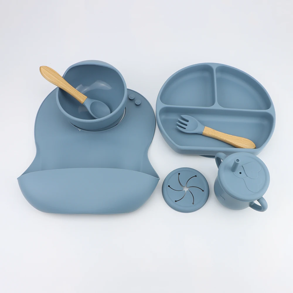 1set/6pcs Silicone Baby Feeding Set With Bib, Bowl, Spoon, Dish