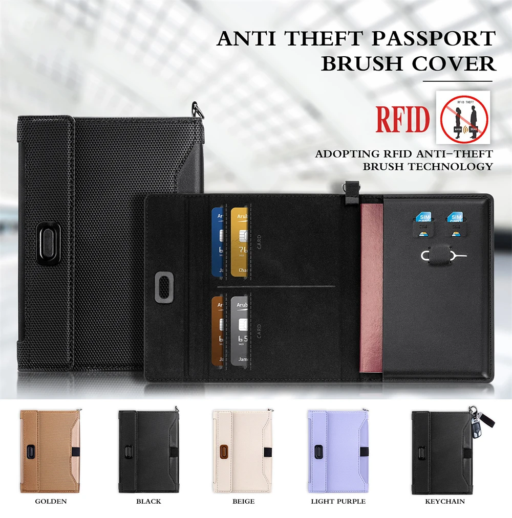 Men's Slim Pu Leather Beige Passport Cover Waterproof Anti-Theft Passport Holder with Keychain and Lanyard