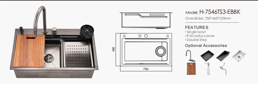 Waterfall Multifunctional Single-Bowl  Sink Handmade Stainless Steel Topmount One-Hole Durable Scratch-Resistant Kitchen Sink manufacture