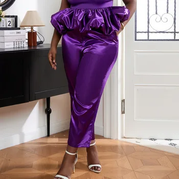 2024 Autumn Latest High Waist Shinny Purple African Woman Office Pants