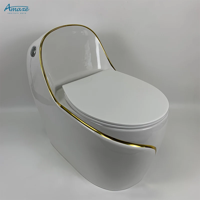 Buona qualità design lussuoso wc a pavimento bianco linea oro forma uovo inodore ceramico a un pezzo